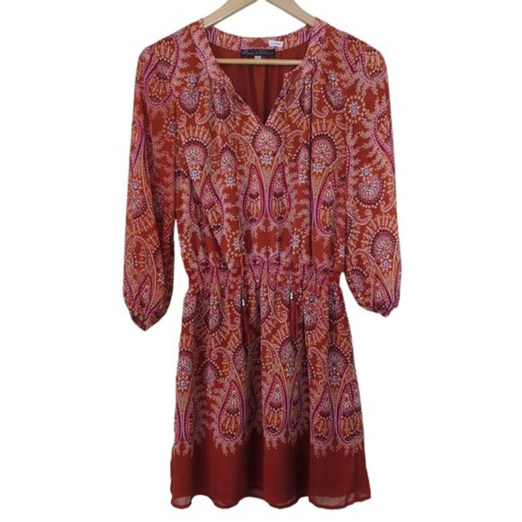 Rust Orange Red Floral Paisley Boho Tassel Short Dress - Picture 5 of 13